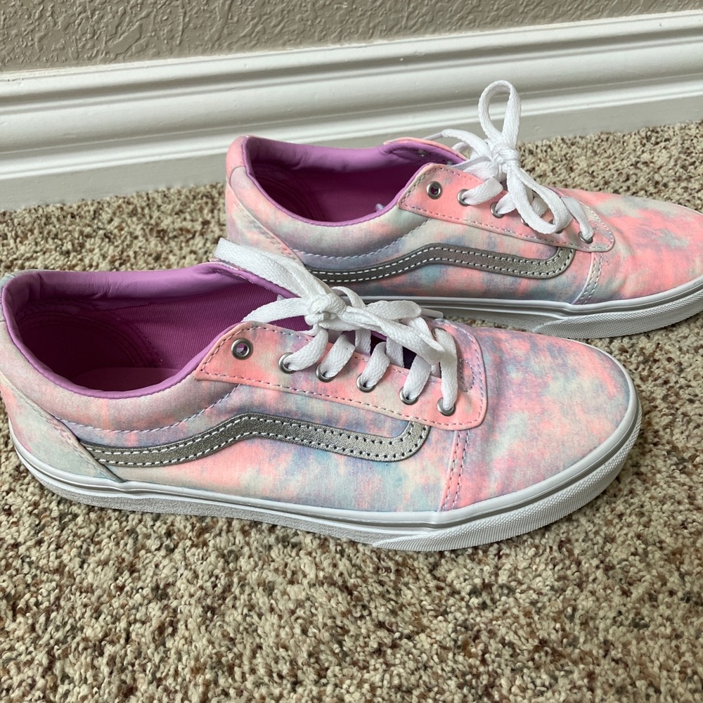 Vans “Off the Wall” shoes, pink/white/light purple with subtle glitter.